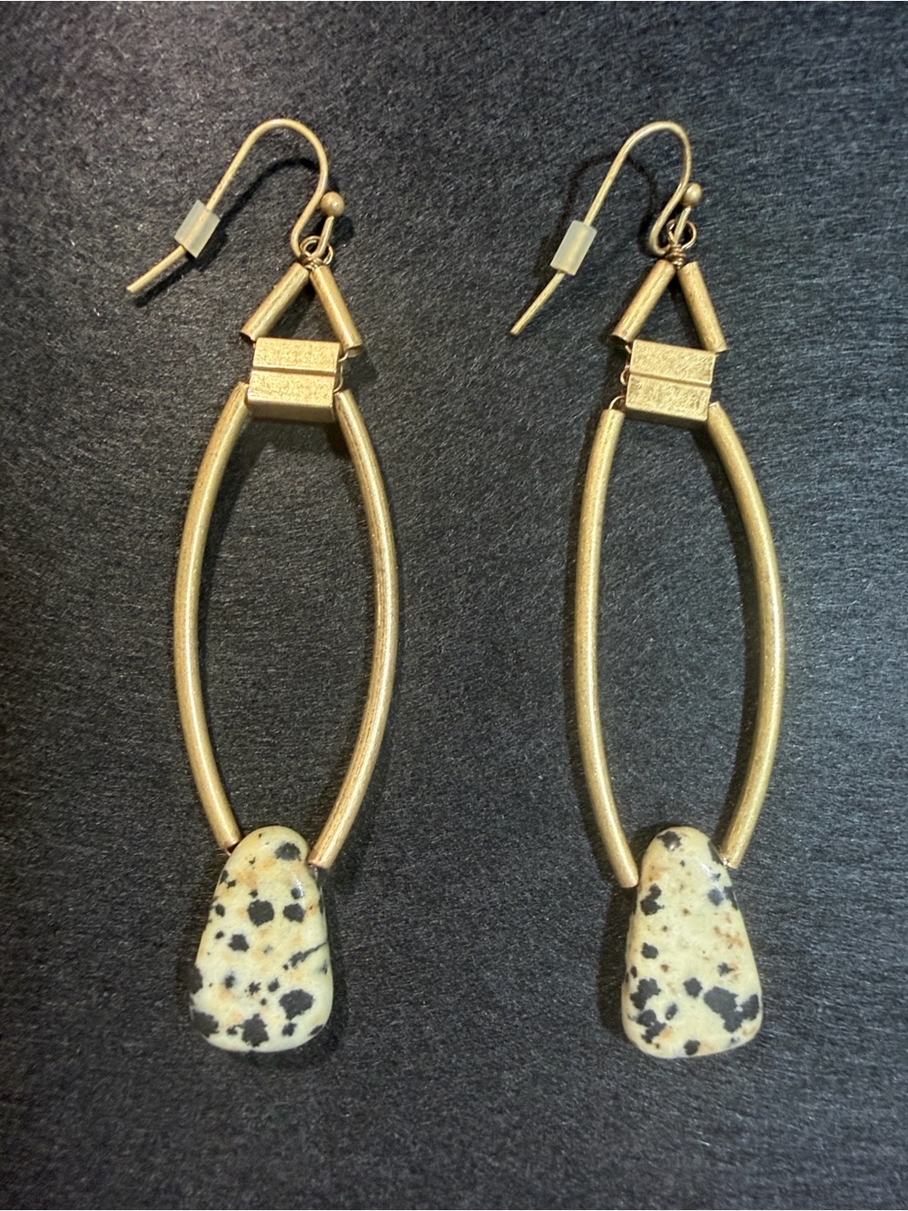 Gold Tone Dalmatian Jasper Drop Dangle Earrings - Women Jewelry